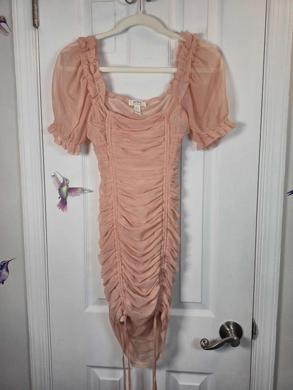 Privy Peach Mesh Ruched Mesh Puff Sleeve Mini Dress Spring Wedding Guest Event S